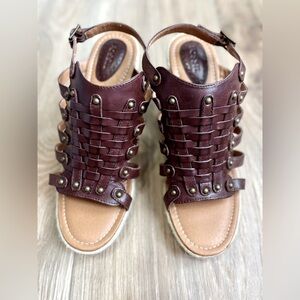 Fossil Women's Cassidy Woven Sand Wedge Sandals Brown Leather Size 9 M EUC